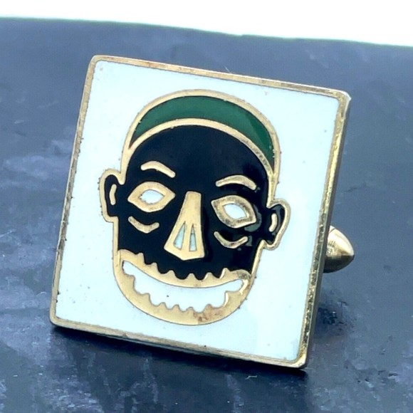 Vintage Swank Tribal Mask White Black Green Enamel Gold Bullet Back Cufflinks - Picture 5 of 9